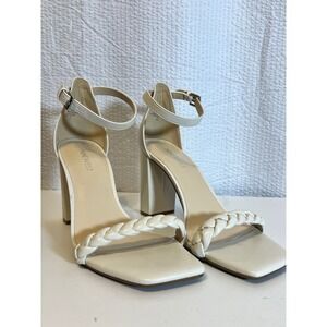 Nine West Braided Ankle Strap Block Heel Sandals‎ Square Toe Ivory 10M